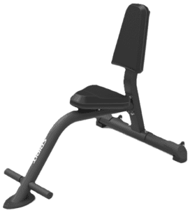 Black adjustable weight bench, inclined position.