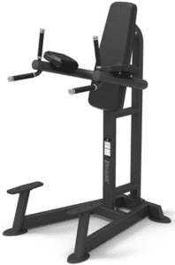 Black vertical knee raise exercise machine.