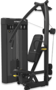 Chest press machine with seat and pulleys.