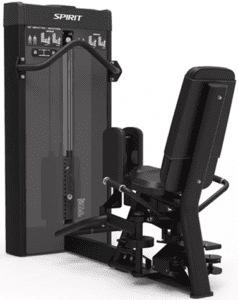 Gym leg extension machine, black and gray.