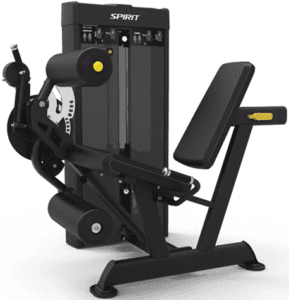 Leg curl machine with black padded seat.