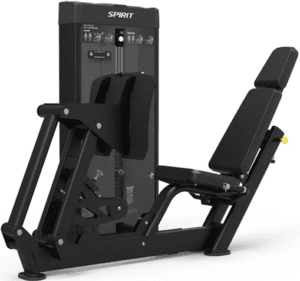 Leg press machine with seat and weights.