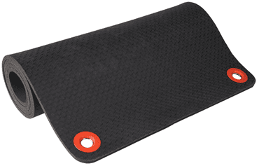 Black exercise mat with red grommets.