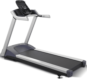 Modern treadmill with digital display panel.