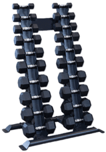 Dumbbell rack with various weights stacked.