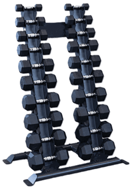 Dumbbell rack with various weights stacked.