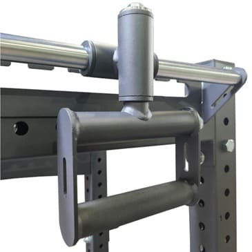 Heavy-duty clamp attachment for gym racks, designed to hold bars or accessories securely.