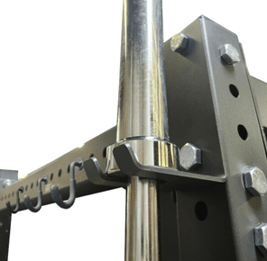 Close-up of a metal clamp securing a round metal rod to a perforated metal frame.