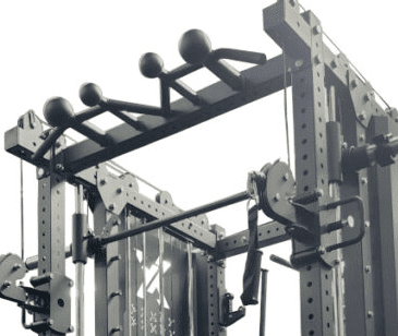 A sturdy metal gym rack with pull-up bars and various grips.