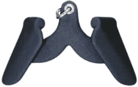 Close-up of a black plastic clip with a metal ring.