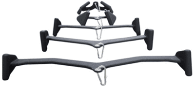 Various black metal hangers with clips in different sizes.