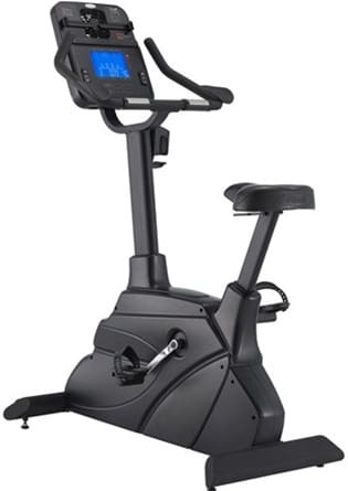 Black exercise bike with digital display screen.