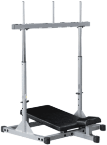 A black workout bench with an adjustable silver squat rack.