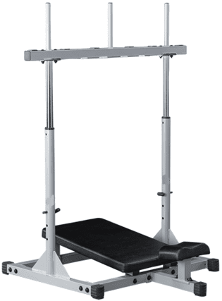 A black workout bench with an adjustable silver squat rack.