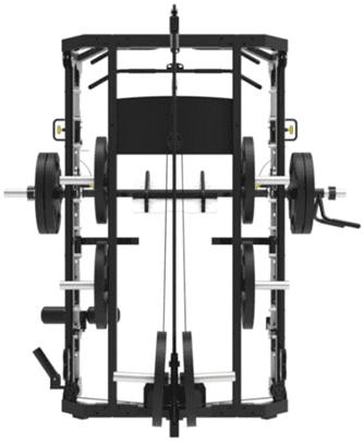 A multi-station home gym machine with weights and pulleys for strength training.