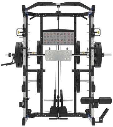 A multi-functional gym machine with weights and pulleys for strength training.