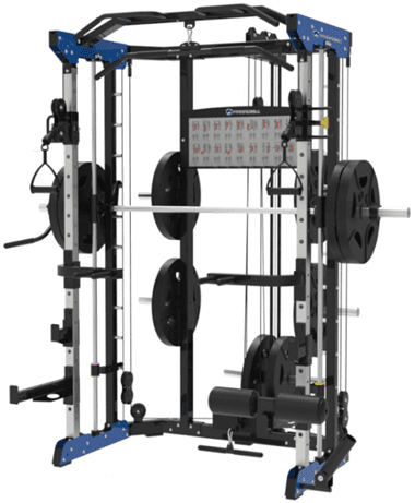 A multi-functional gym machine with weights and pulleys for strength training.