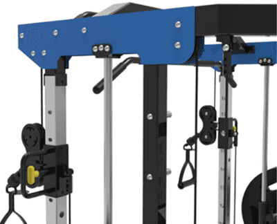 Partial view of a blue and black gym pulley machine with weight plates.