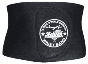 Black Schiek weightlifting waistband with logo.