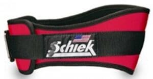 Red and black weightlifting belt, Schiek logo.