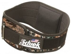 Weightlifting belt with camouflage design and logo.