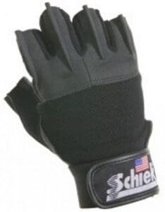 Black fingerless glove with logo and flag.