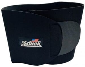 Black Schiek weightlifting belt with logo.