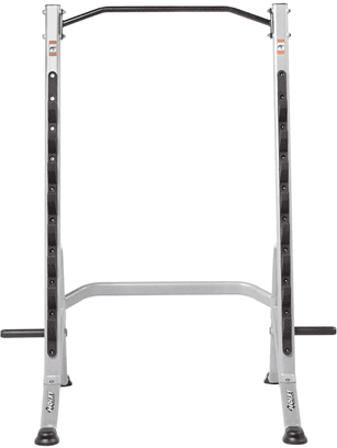 A metal squat rack with safety bars and adjustable hooks.