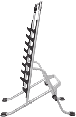 A modern metal weight plate rack with angled holders for plates.