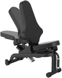 Adjustable black gym bench, dual backrests.