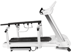 White treadmill with safety rails and console.