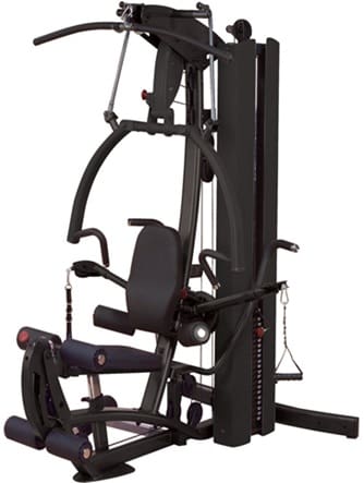 Multi-functional home gym equipment with seat and pulleys.