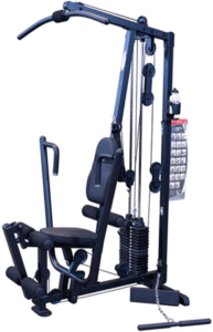 Compact multi-gym fitness machine with weight stack and adjustable seat.