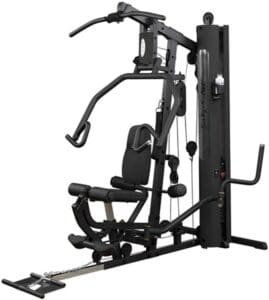 Multi-functional home gym equipment with various workout stations and pulleys.