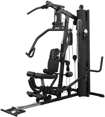 Multi-functional home gym equipment with various workout stations and pulleys.