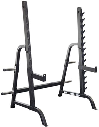 Black metal squat rack with adjustable bar holders and safety catches.