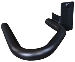 Black metal bike wall mount hook for storing bicycles.