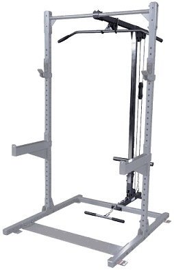 Adjustable squat rack with pulley system for strength training exercises.