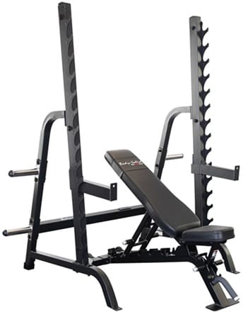 Adjustable weight bench with attached barbell rack for strength training.