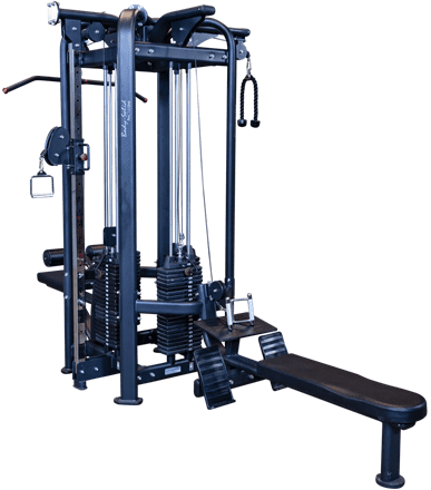 Multi-station gym machine for various strength exercises.
