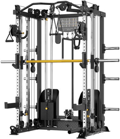 Multi-functional gym machine with weights and cables.