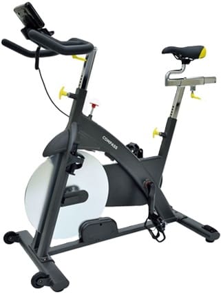 A modern stationary exercise bike with adjustable seat and handlebars.
