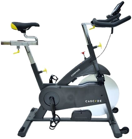 A modern stationary exercise bike with adjustable seat and handlebars.