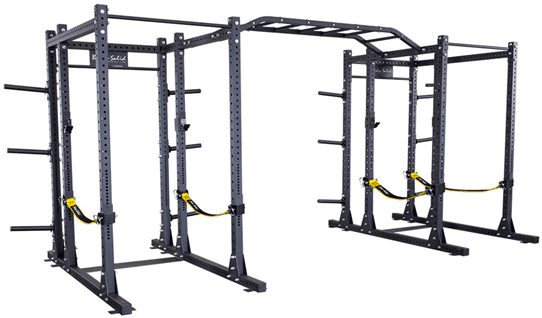 Adjustable multi-station gym equipment for strength training.