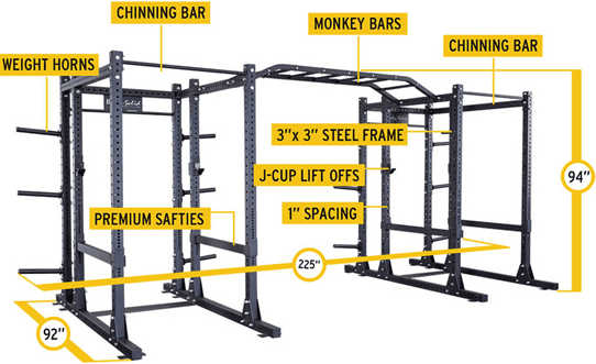 Detailed gym power rack with labeled steel frame and accessories.