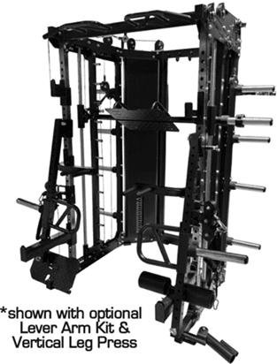 Multifunctional home gym rack with optional attachments for weightlifting and strength training.