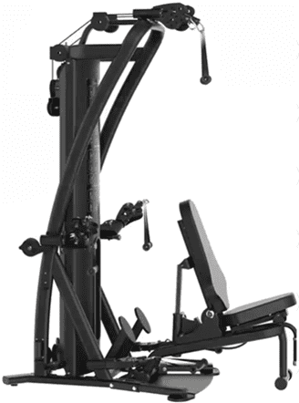 A modern black gym machine with adjustable weights and pulleys.