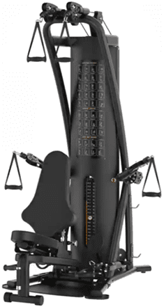 A modern black gym machine with adjustable weights and pulleys.