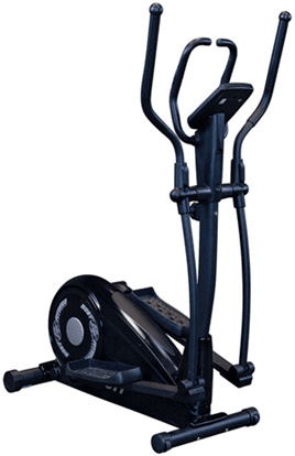 Black elliptical exercise machine on white background.