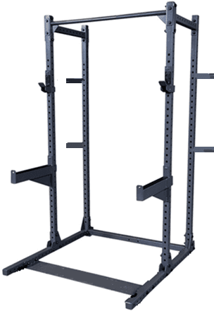 Black adjustable squat rack with safety arms and J-hooks.